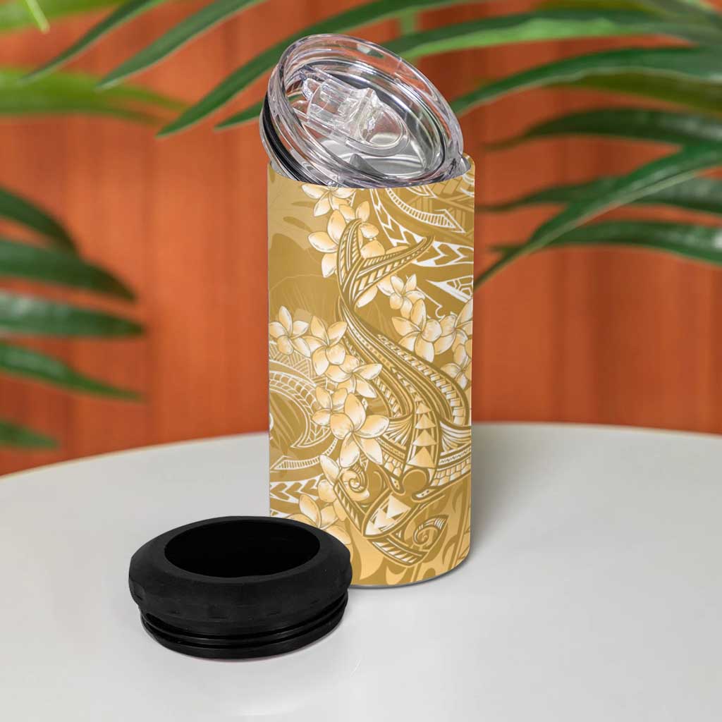 Yellow Polynesia Hammerhead Shark Tattoo With Plumeria Lei 4 in 1 Can Cooler Tumbler LT14 - Polynesian Pride
