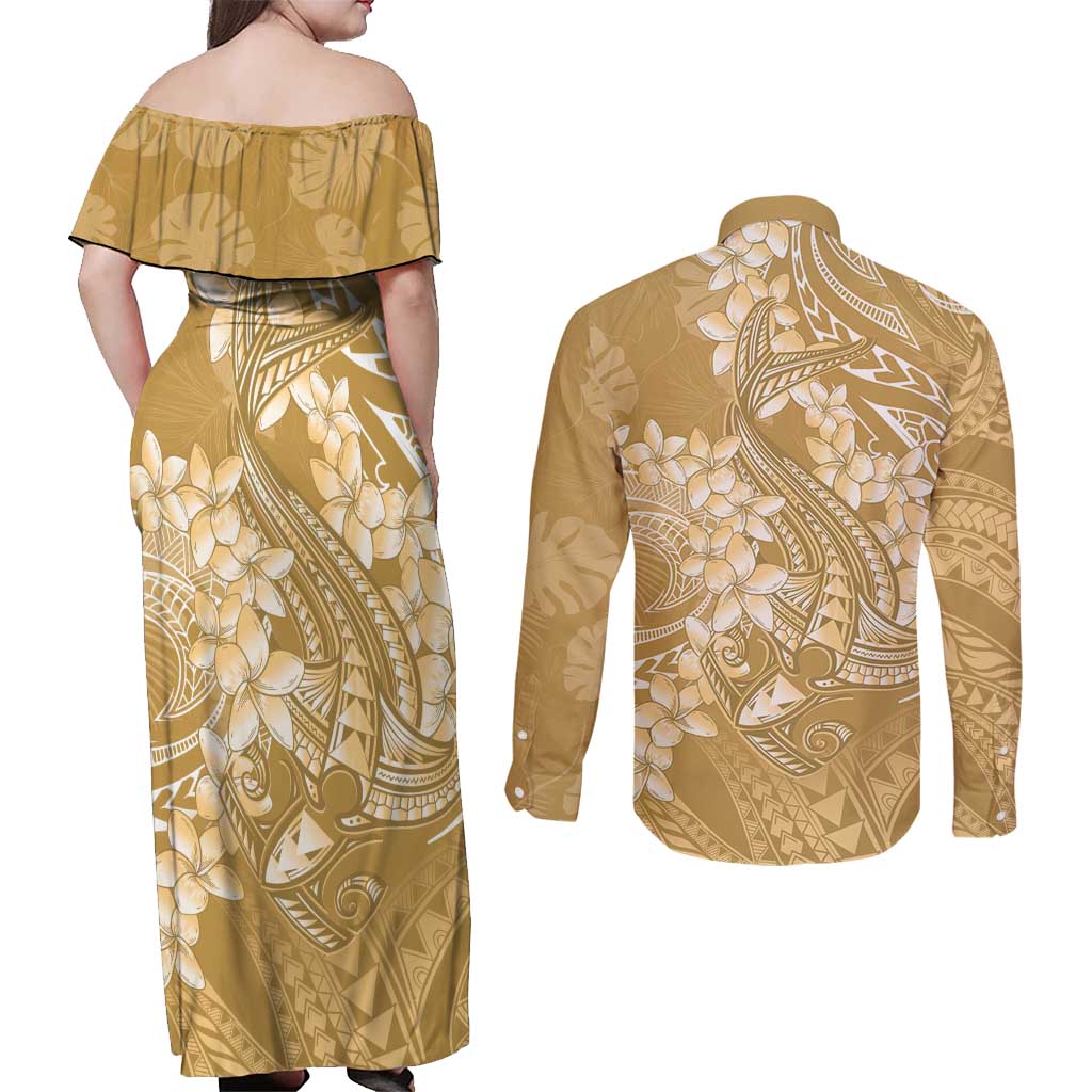 Yellow Polynesia Hammerhead Shark Tattoo With Plumeria Lei Couples Matching Off Shoulder Maxi Dress and Long Sleeve Button Shirt
