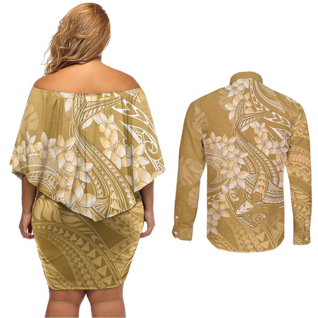 Yellow Polynesia Hammerhead Shark Tattoo With Plumeria Lei Couples Matching Off Shoulder Short Dress and Long Sleeve Button Shirt LT14 - Polynesian Pride