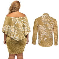 Yellow Polynesia Hammerhead Shark Tattoo With Plumeria Lei Couples Matching Off Shoulder Short Dress and Long Sleeve Button Shirt LT14 - Polynesian Pride