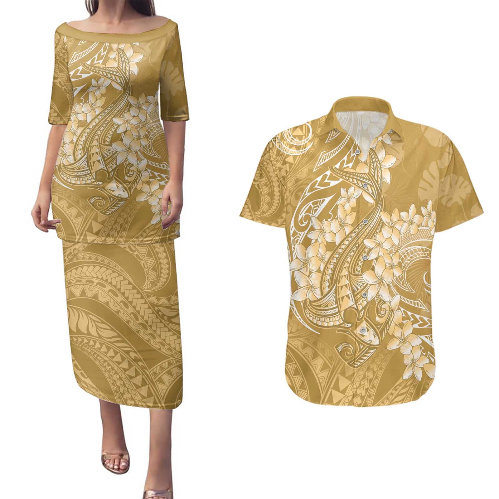 Yellow Polynesia Hammerhead Shark Tattoo With Plumeria Lei Couples Matching Puletasi and Hawaiian Shirt LT14 Yellow - Polynesian Pride