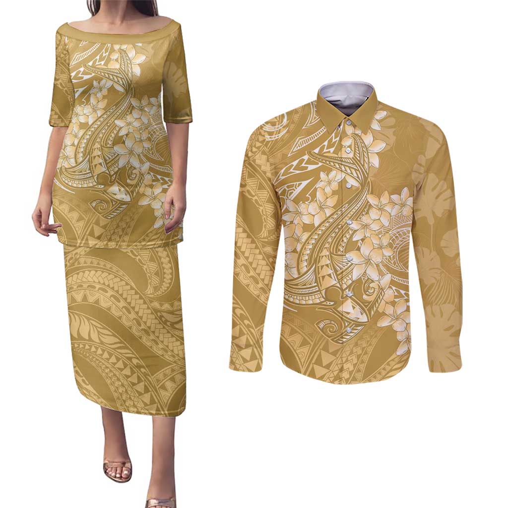 Yellow Polynesia Hammerhead Shark Tattoo With Plumeria Lei Couples Matching Puletasi and Long Sleeve Button Shirt LT14 Yellow - Polynesian Pride