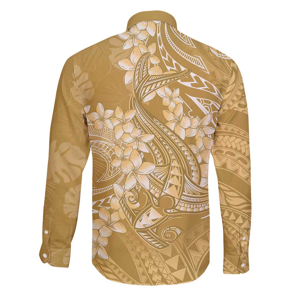 Yellow Polynesia Hammerhead Shark Tattoo With Plumeria Lei Family Matching Long Sleeve Bodycon Dress and Hawaiian Shirt