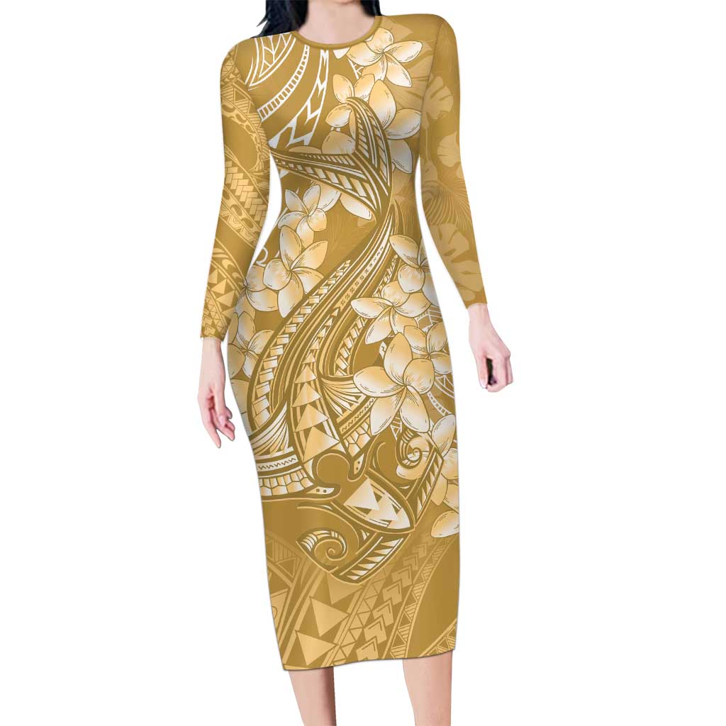Yellow Polynesia Hammerhead Shark Tattoo With Plumeria Lei Family Matching Long Sleeve Bodycon Dress and Hawaiian Shirt