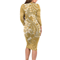 Yellow Polynesia Hammerhead Shark Tattoo With Plumeria Lei Family Matching Long Sleeve Bodycon Dress and Hawaiian Shirt