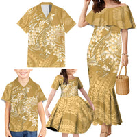 Yellow Polynesia Hammerhead Shark Tattoo With Plumeria Lei Family Matching Mermaid Dress and Hawaiian Shirt