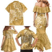 Yellow Polynesia Hammerhead Shark Tattoo With Plumeria Lei Family Matching Mermaid Dress and Hawaiian Shirt