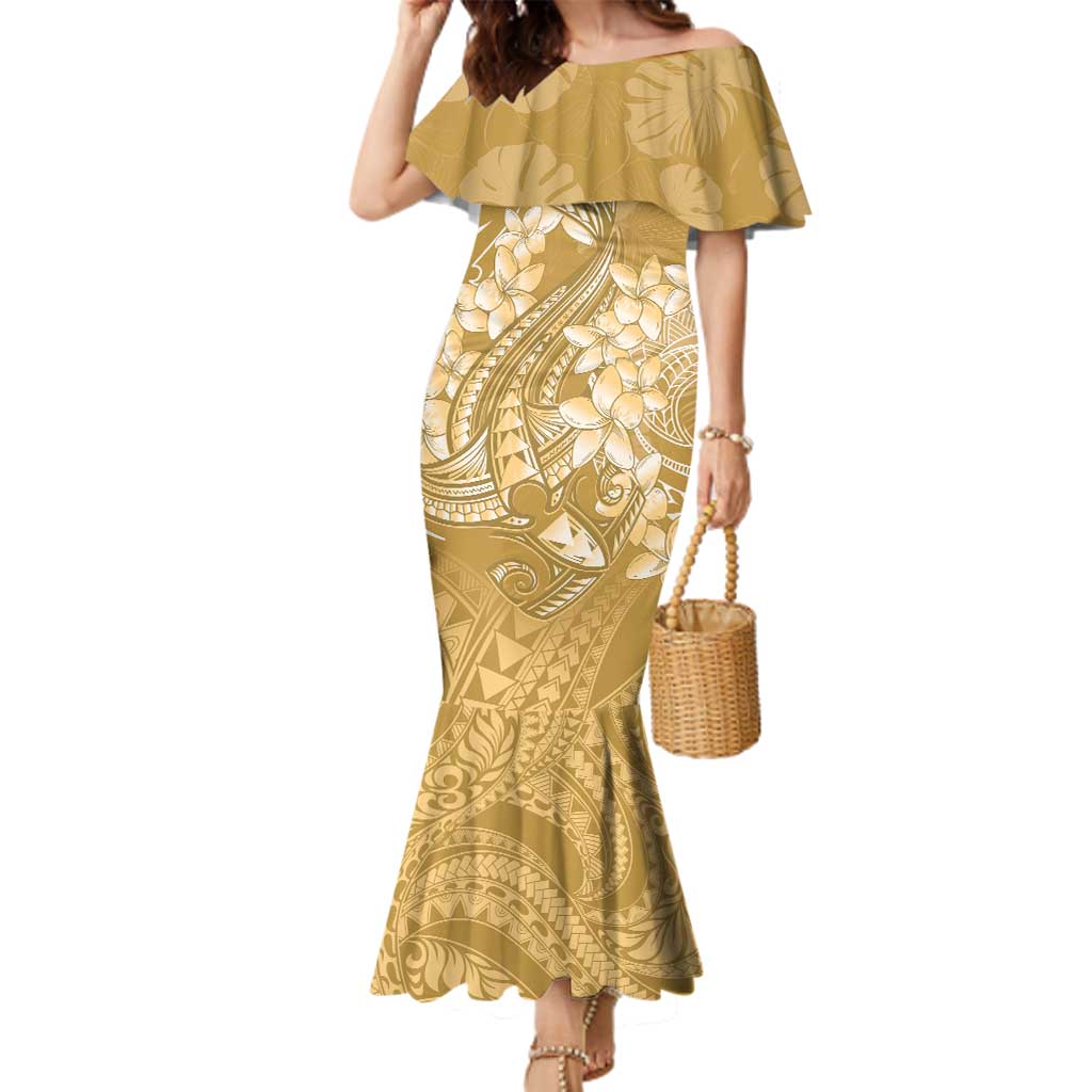Yellow Polynesia Hammerhead Shark Tattoo With Plumeria Lei Family Matching Mermaid Dress and Hawaiian Shirt