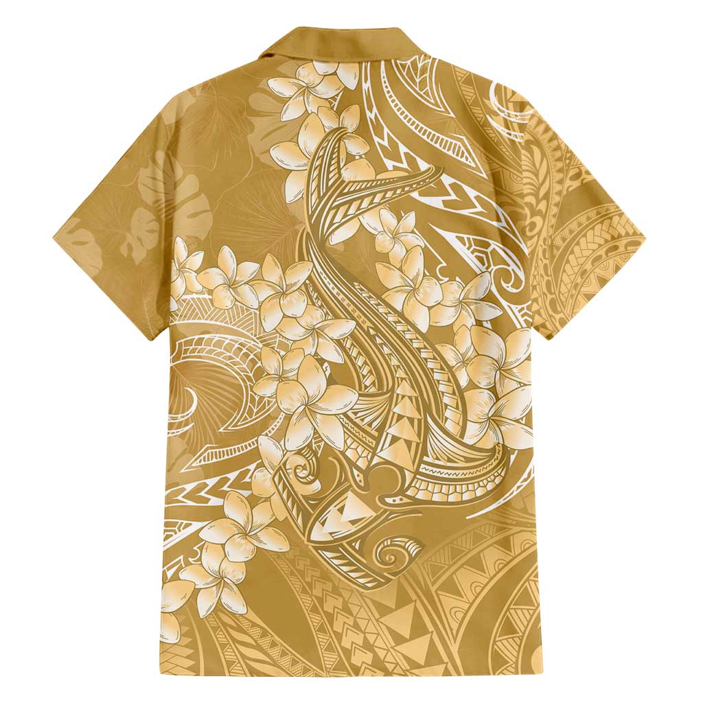 Yellow Polynesia Hammerhead Shark Tattoo With Plumeria Lei Family Matching Puletasi and Hawaiian Shirt