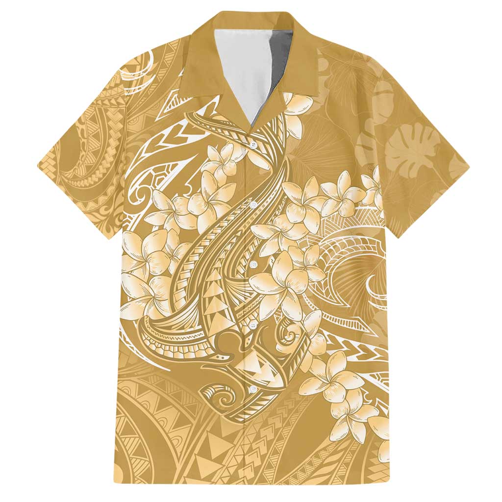 Yellow Polynesia Hammerhead Shark Tattoo With Plumeria Lei Family Matching Short Sleeve Bodycon Dress and Hawaiian Shirt