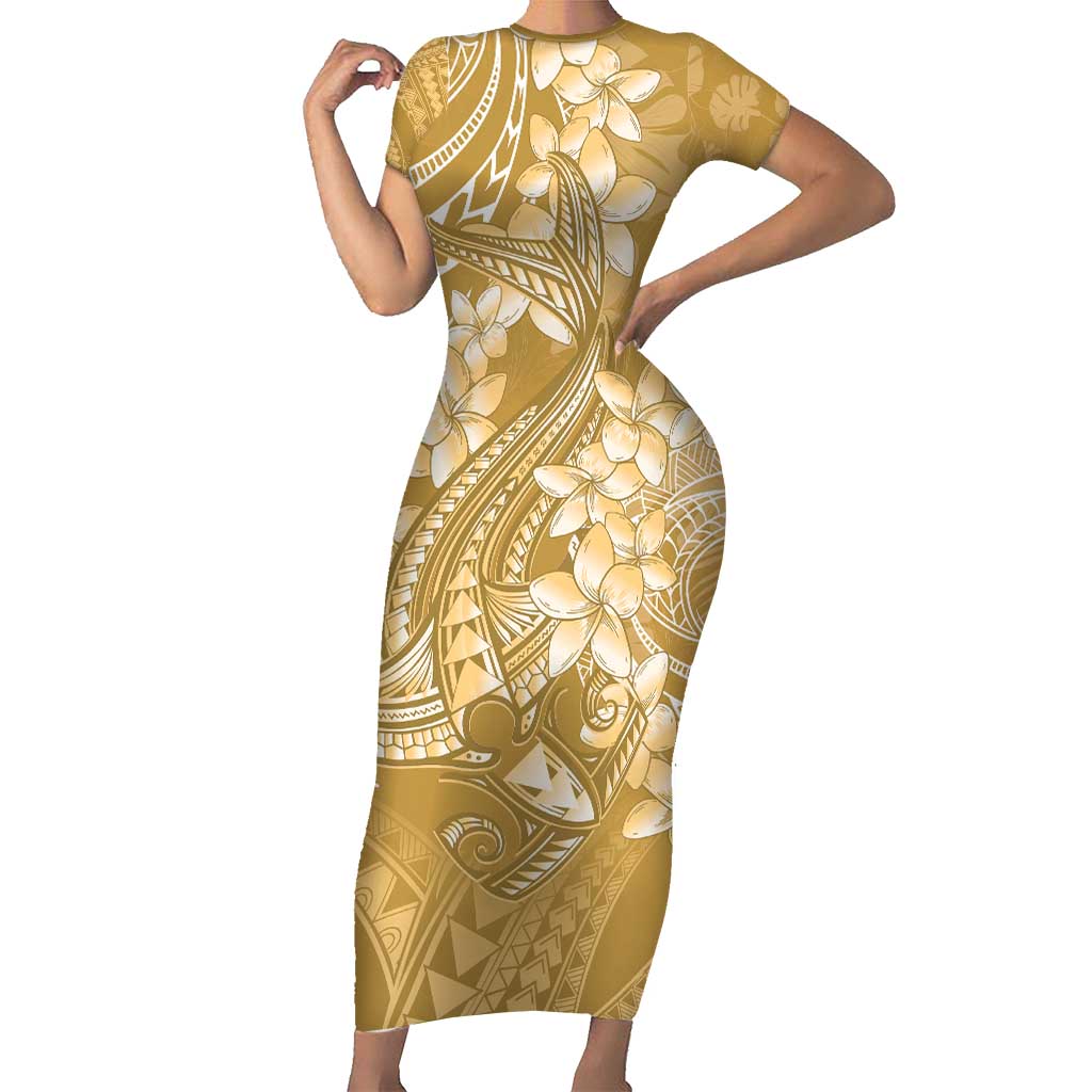 Yellow Polynesia Hammerhead Shark Tattoo With Plumeria Lei Family Matching Short Sleeve Bodycon Dress and Hawaiian Shirt