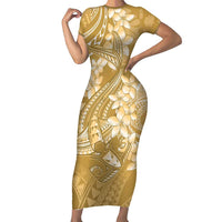 Yellow Polynesia Hammerhead Shark Tattoo With Plumeria Lei Family Matching Short Sleeve Bodycon Dress and Hawaiian Shirt