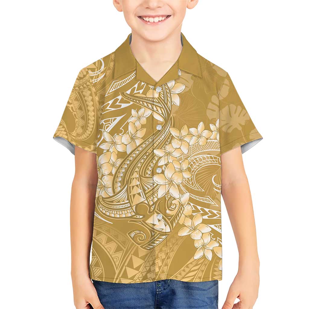 Yellow Polynesia Hammerhead Shark Tattoo With Plumeria Lei Family Matching Short Sleeve Bodycon Dress and Hawaiian Shirt