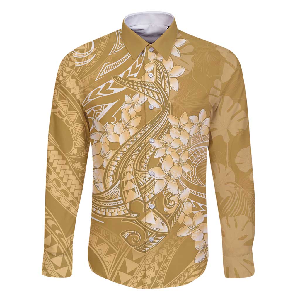 Yellow Polynesia Hammerhead Shark Tattoo With Plumeria Lei Family Matching Summer Maxi Dress and Hawaiian Shirt