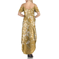 Yellow Polynesia Hammerhead Shark Tattoo With Plumeria Lei Family Matching Summer Maxi Dress and Hawaiian Shirt