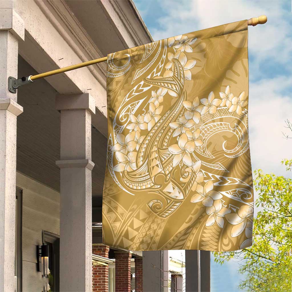 Yellow Polynesia Hammerhead Shark Tattoo With Plumeria Lei Garden Flag