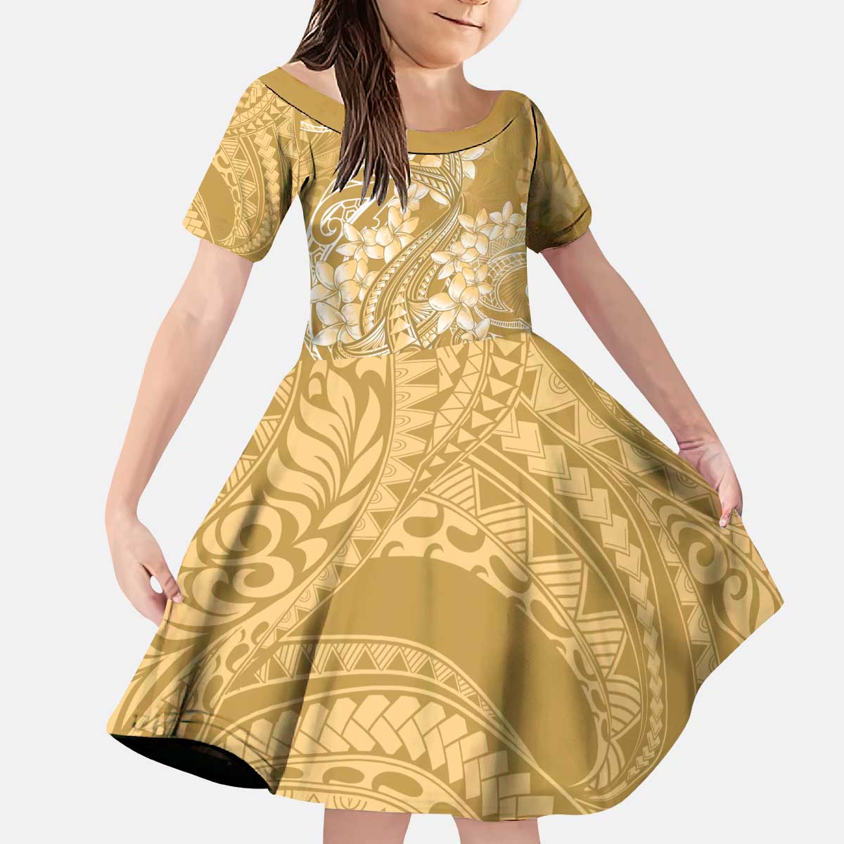 Yellow Polynesia Hammerhead Shark Tattoo With Plumeria Lei Kid Short Sleeve Dress LT14 KID Yellow - Polynesian Pride