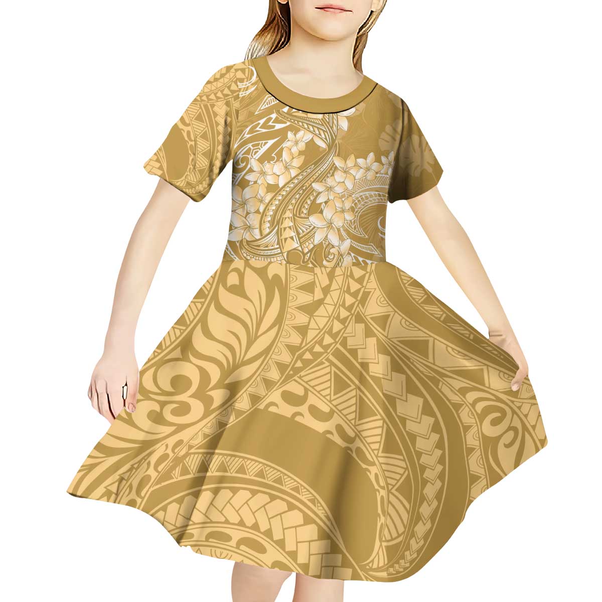 Yellow Polynesia Hammerhead Shark Tattoo With Plumeria Lei Kid Short Sleeve Dress LT14 - Polynesian Pride