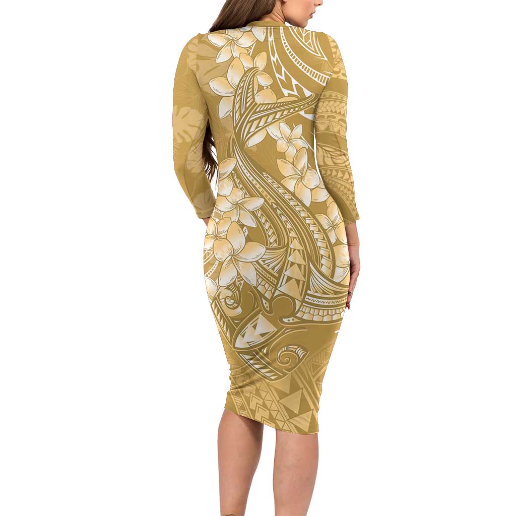 Yellow Polynesia Hammerhead Shark Tattoo With Plumeria Lei Long Sleeve Bodycon Dress