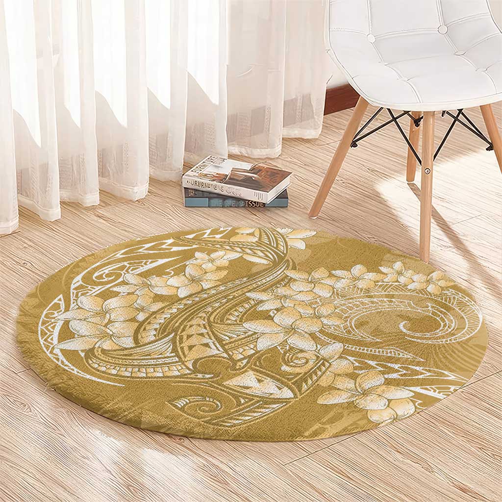 Yellow Polynesia Hammerhead Shark Tattoo With Plumeria Lei Round Carpet