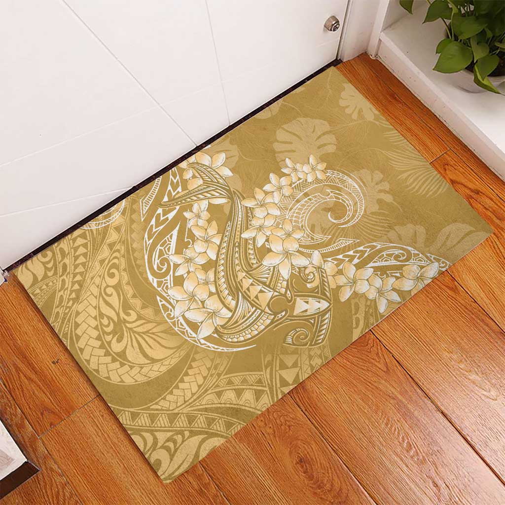 Yellow Polynesia Hammerhead Shark Tattoo With Plumeria Lei Rubber Doormat LT14 - Polynesian Pride