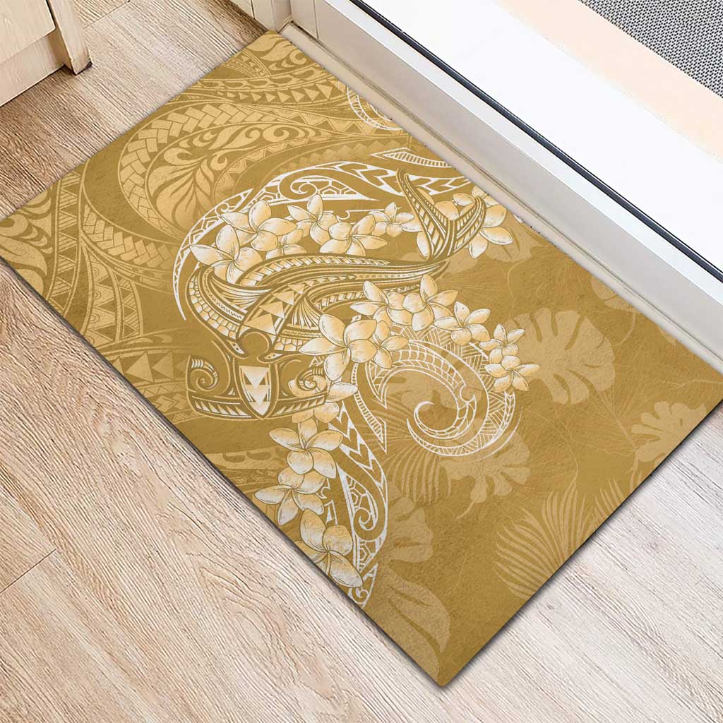 Yellow Polynesia Hammerhead Shark Tattoo With Plumeria Lei Rubber Doormat LT14 - Polynesian Pride