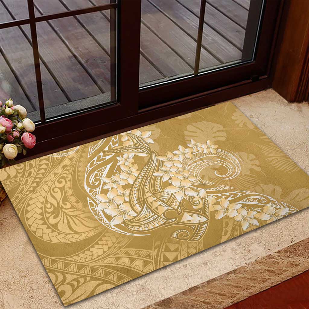 Yellow Polynesia Hammerhead Shark Tattoo With Plumeria Lei Rubber Doormat LT14 - Polynesian Pride