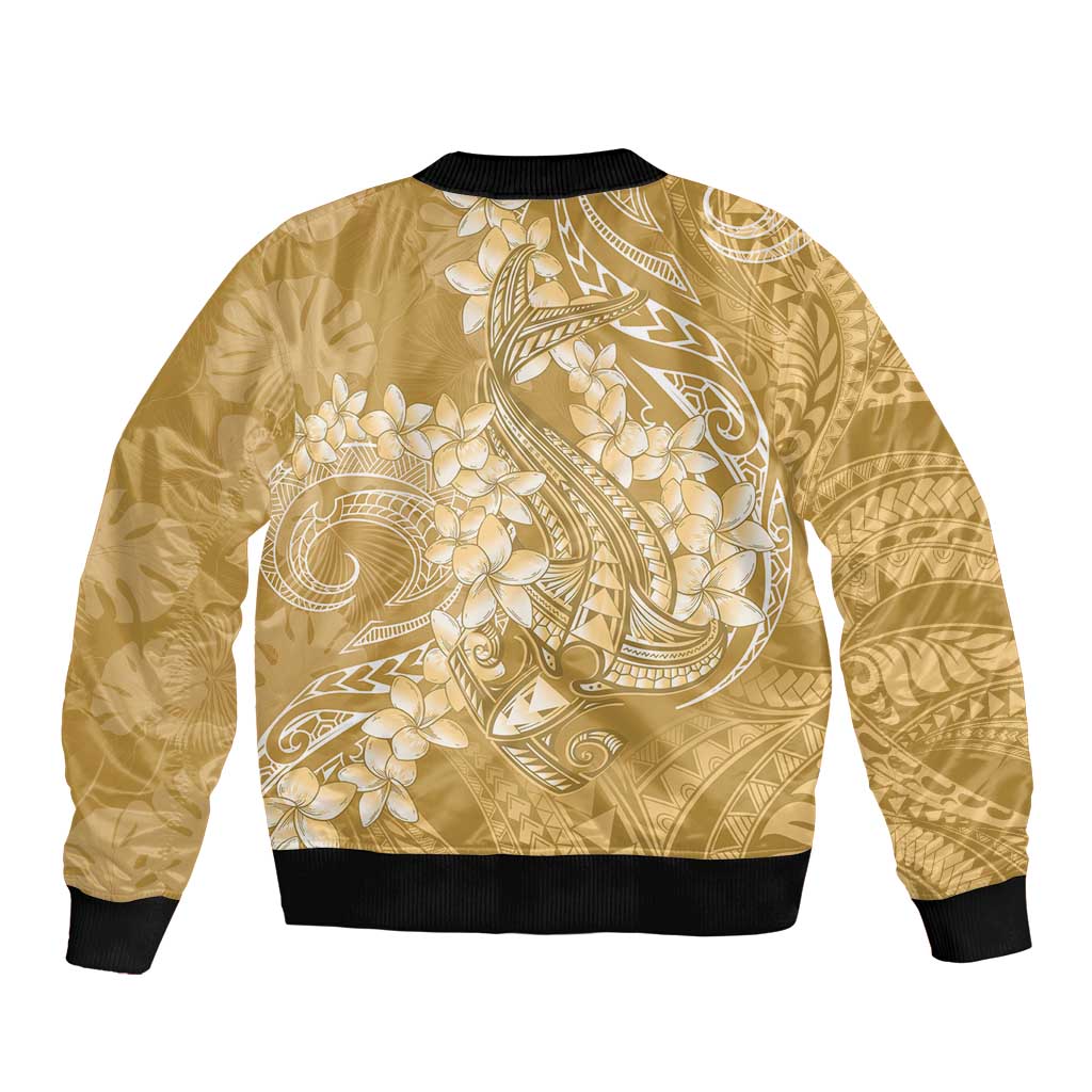 Yellow Polynesia Hammerhead Shark Tattoo With Plumeria Lei Sleeve Zip Bomber Jacket