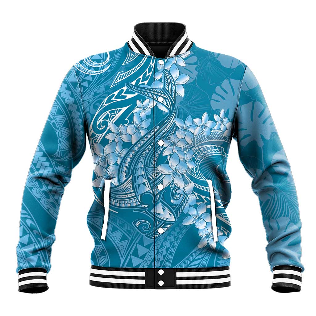 Blue Polynesia Hammerhead Shark Tattoo With Plumeria Lei Baseball Jacket LT14 Unisex Blue - Polynesian Pride