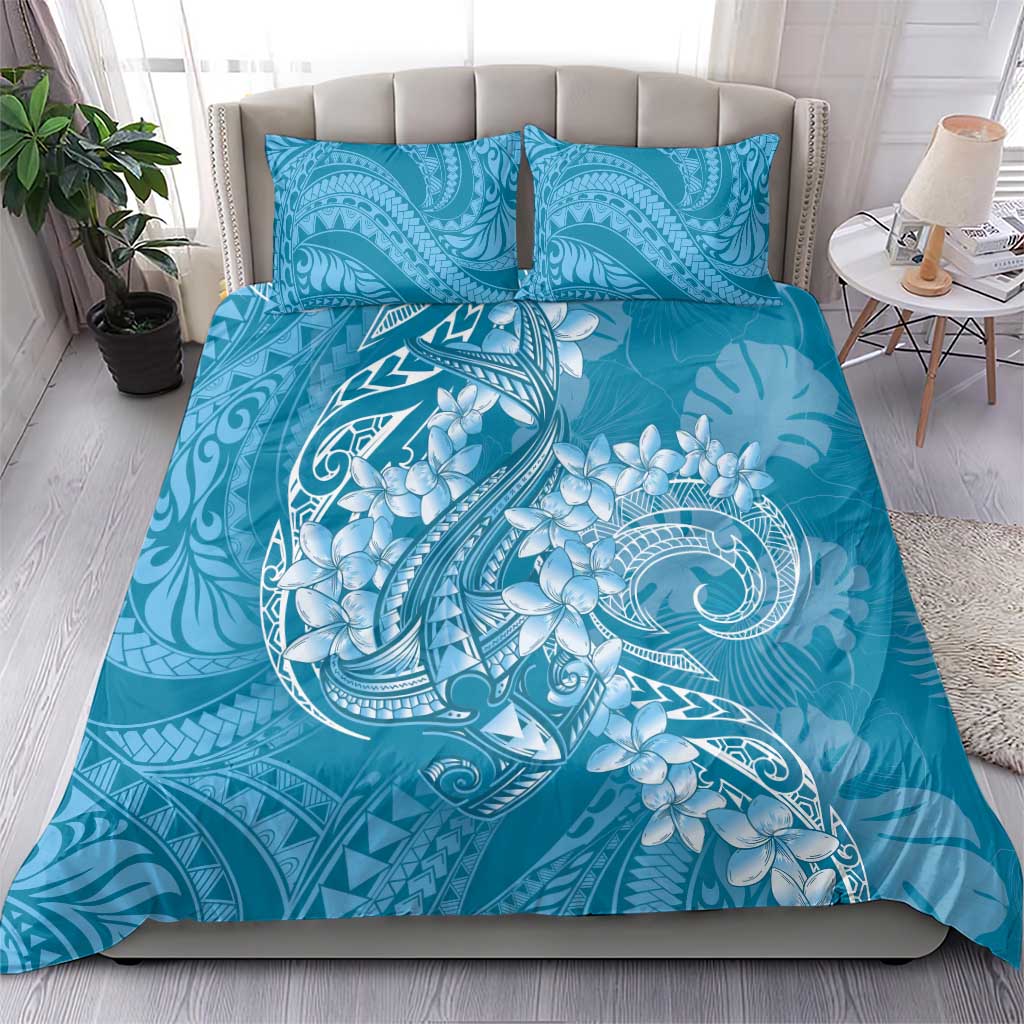 Blue Polynesia Hammerhead Shark Tattoo With Plumeria Lei Bedding Set