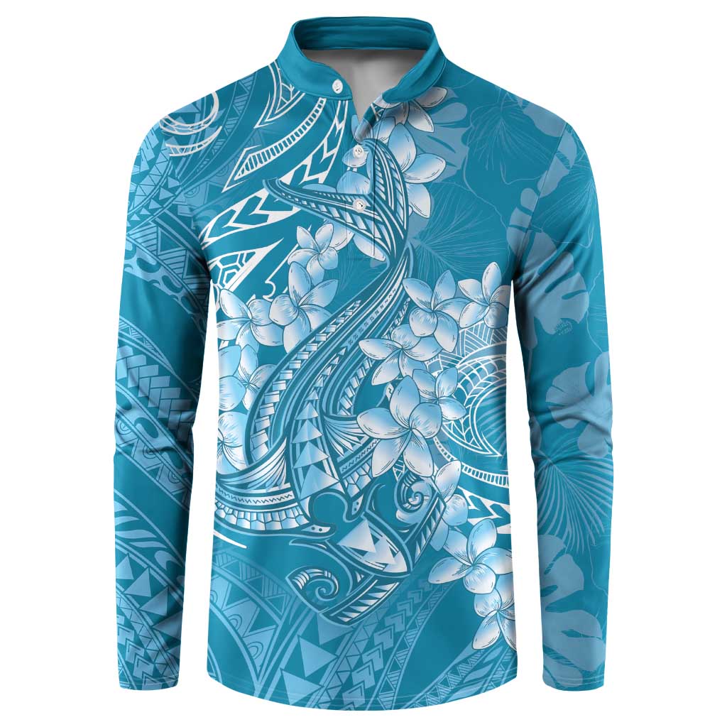 Blue Polynesia Hammerhead Shark Tattoo With Plumeria Lei Button Sweatshirt LT14 Blue - Polynesian Pride