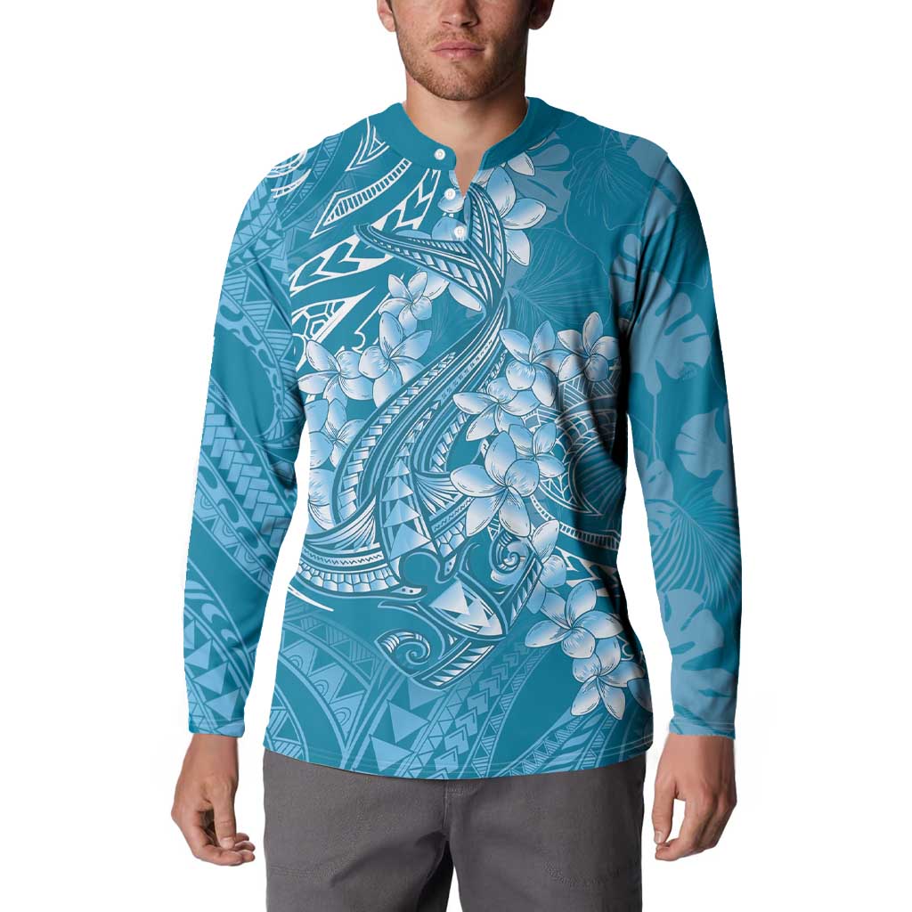 Blue Polynesia Hammerhead Shark Tattoo With Plumeria Lei Button Sweatshirt LT14 - Polynesian Pride