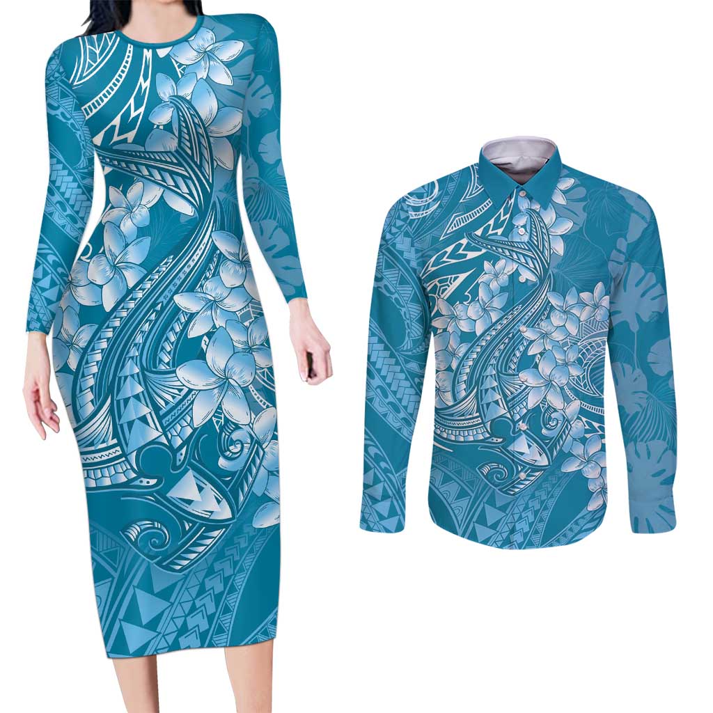 Blue Polynesia Hammerhead Shark Tattoo With Plumeria Lei Couples Matching Long Sleeve Bodycon Dress and Long Sleeve Button Shirt LT14 Blue - Polynesian Pride