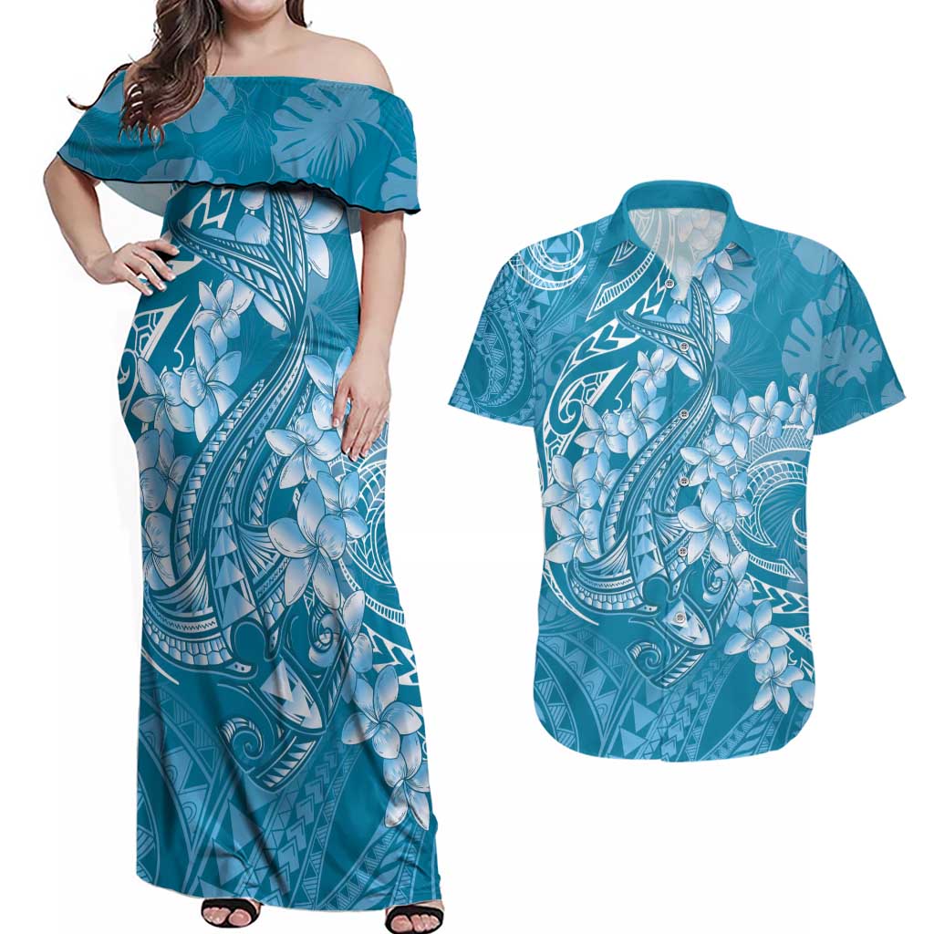Blue Polynesia Hammerhead Shark Tattoo With Plumeria Lei Couples Matching Off Shoulder Maxi Dress and Hawaiian Shirt LT14 Blue - Polynesian Pride