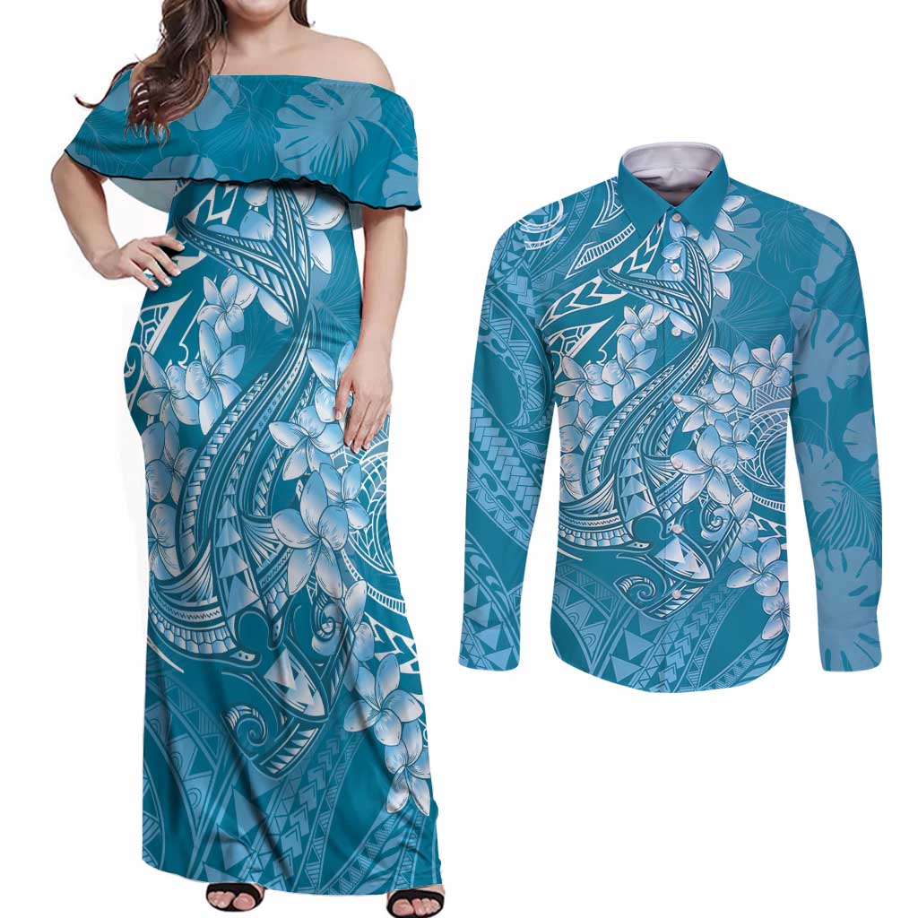 Blue Polynesia Hammerhead Shark Tattoo With Plumeria Lei Couples Matching Off Shoulder Maxi Dress and Long Sleeve Button Shirt LT14 Blue - Polynesian Pride