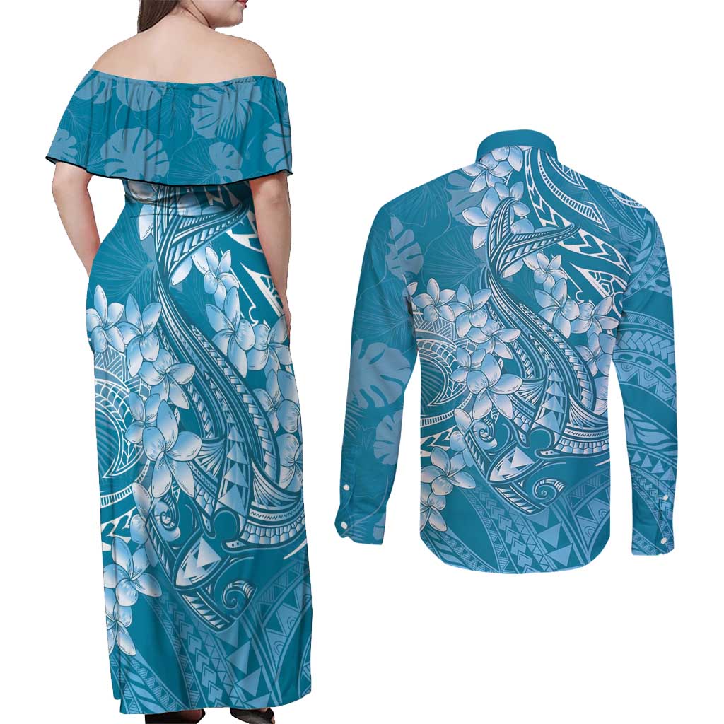 Blue Polynesia Hammerhead Shark Tattoo With Plumeria Lei Couples Matching Off Shoulder Maxi Dress and Long Sleeve Button Shirt LT14 - Polynesian Pride