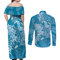 Blue Polynesia Hammerhead Shark Tattoo With Plumeria Lei Couples Matching Off Shoulder Maxi Dress and Long Sleeve Button Shirt LT14 - Polynesian Pride