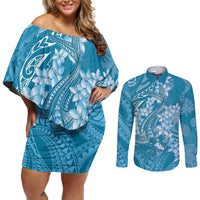 Blue Polynesia Hammerhead Shark Tattoo With Plumeria Lei Couples Matching Off Shoulder Short Dress and Long Sleeve Button Shirt