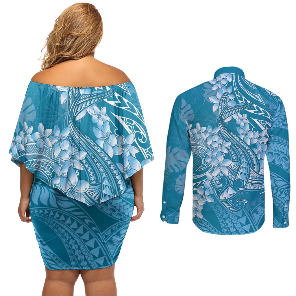 Blue Polynesia Hammerhead Shark Tattoo With Plumeria Lei Couples Matching Off Shoulder Short Dress and Long Sleeve Button Shirt