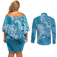 Blue Polynesia Hammerhead Shark Tattoo With Plumeria Lei Couples Matching Off Shoulder Short Dress and Long Sleeve Button Shirt