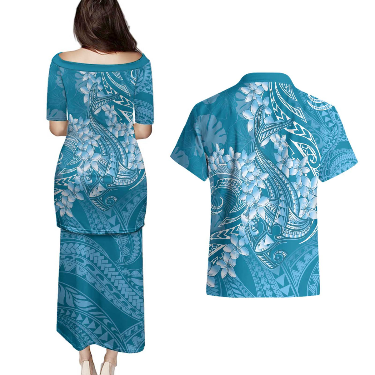 Blue Polynesia Hammerhead Shark Tattoo With Plumeria Lei Couples Matching Puletasi and Hawaiian Shirt LT14 - Polynesian Pride