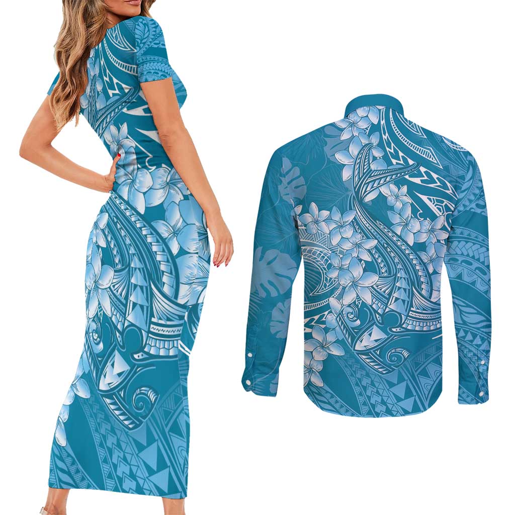 Blue Polynesia Hammerhead Shark Tattoo With Plumeria Lei Couples Matching Short Sleeve Bodycon Dress and Long Sleeve Button Shirt LT14 - Polynesian Pride