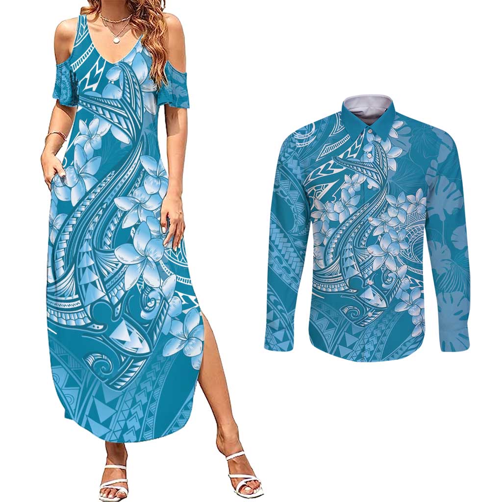 Blue Polynesia Hammerhead Shark Tattoo With Plumeria Lei Couples Matching Summer Maxi Dress and Long Sleeve Button Shirt LT14 Blue - Polynesian Pride