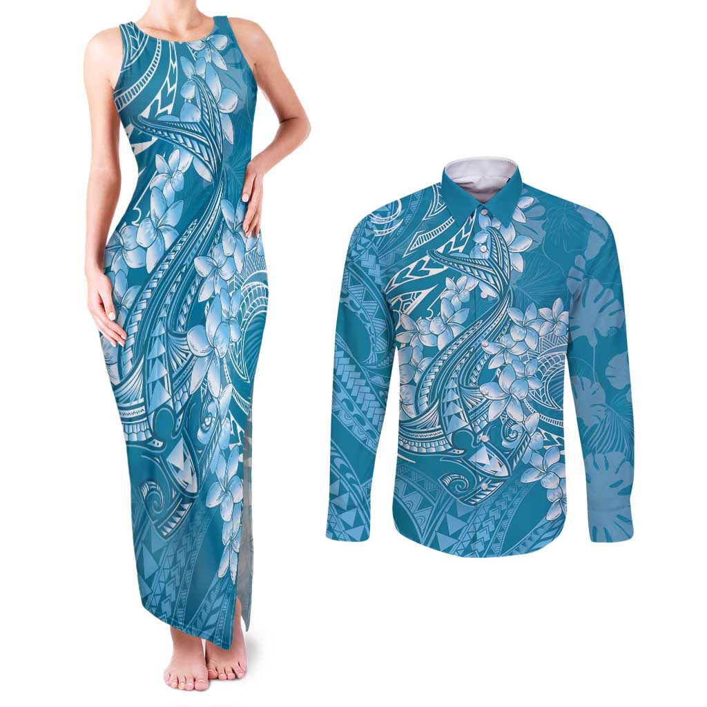 Blue Polynesia Hammerhead Shark Tattoo With Plumeria Lei Couples Matching Tank Maxi Dress and Long Sleeve Button Shirt LT14 Blue - Polynesian Pride