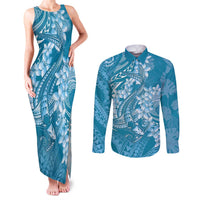 Blue Polynesia Hammerhead Shark Tattoo With Plumeria Lei Couples Matching Tank Maxi Dress and Long Sleeve Button Shirt LT14 Blue - Polynesian Pride