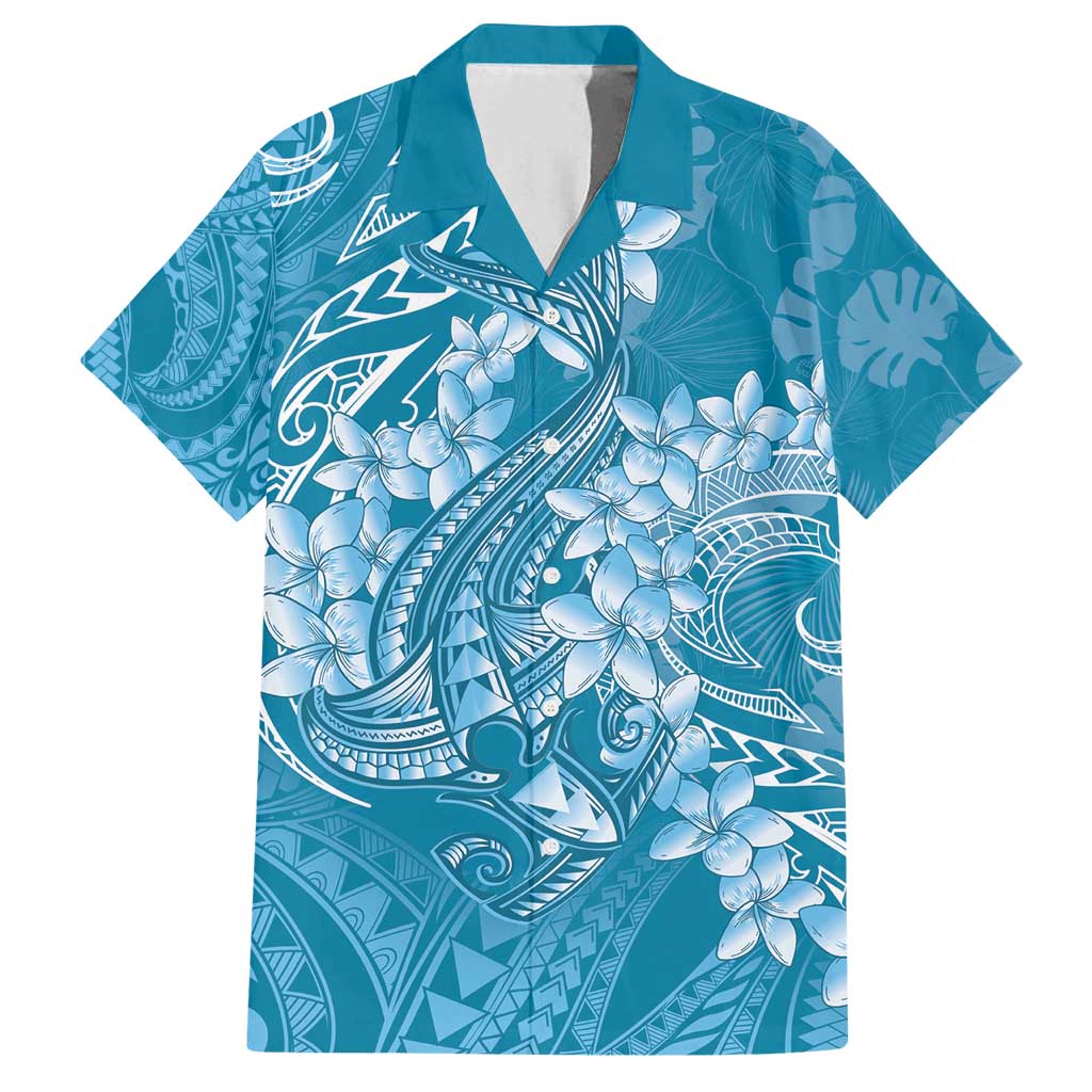Blue Polynesia Hammerhead Shark Tattoo With Plumeria Lei Family Matching Long Sleeve Bodycon Dress and Hawaiian Shirt