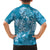 Blue Polynesia Hammerhead Shark Tattoo With Plumeria Lei Family Matching Off The Shoulder Long Sleeve Dress and Hawaiian Shirt