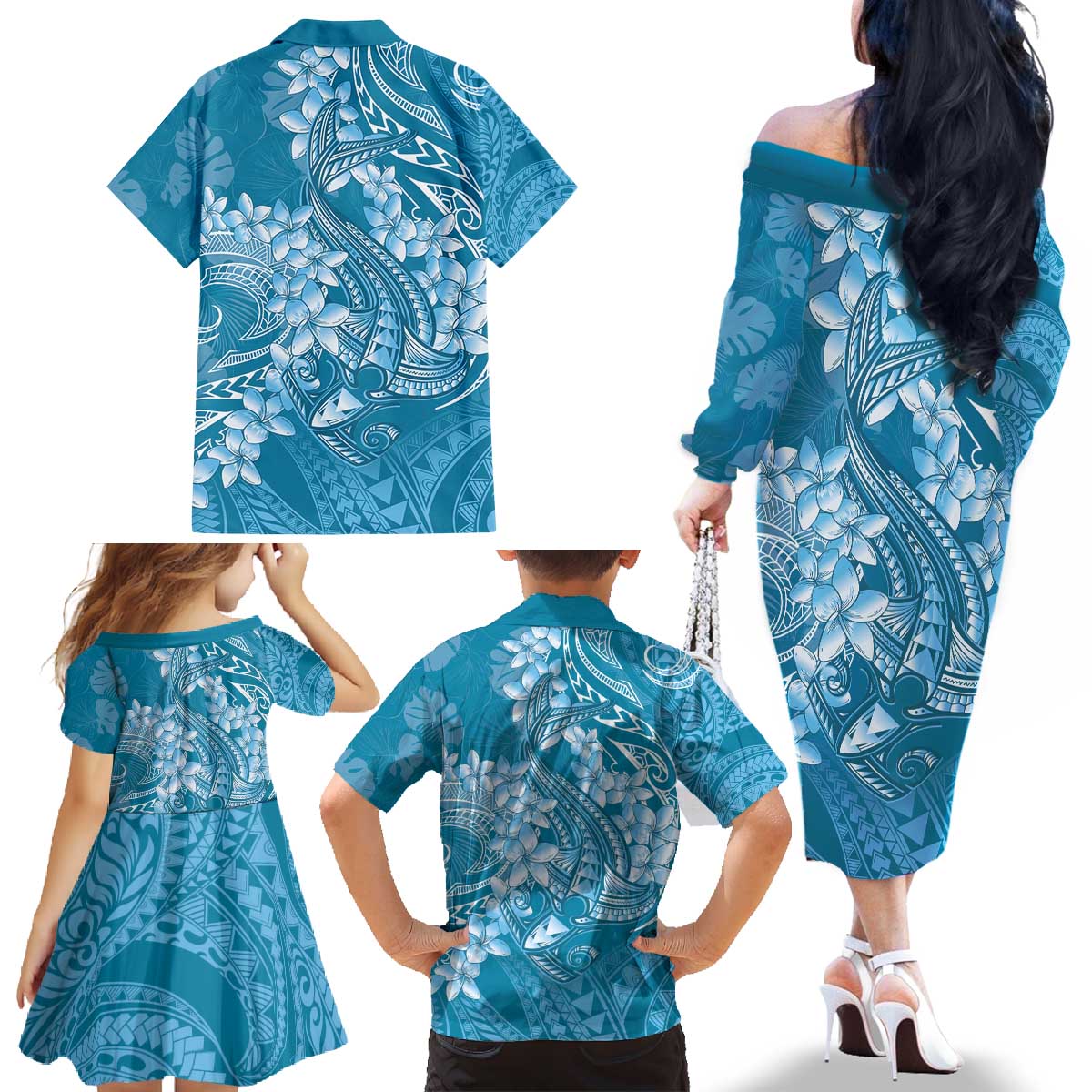 Blue Polynesia Hammerhead Shark Tattoo With Plumeria Lei Family Matching Off The Shoulder Long Sleeve Dress and Hawaiian Shirt