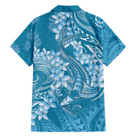 Blue Polynesia Hammerhead Shark Tattoo With Plumeria Lei Family Matching Off The Shoulder Long Sleeve Dress and Hawaiian Shirt