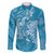 Blue Polynesia Hammerhead Shark Tattoo With Plumeria Lei Family Matching Off The Shoulder Long Sleeve Dress and Hawaiian Shirt